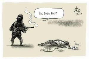 "¡Ellos dibujaron primero!". Traducción. Ilustración por David Pope.
