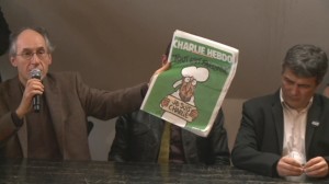 Rueda de prensa en la que los miembros sobrevivientes de Charlie Hebdo presentan la nueva edición después del atentado.