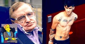 Stephen Hawking a la izquierda, ilustrado en Los Simpsons;  Zayn, de One Direction, a la derecha.