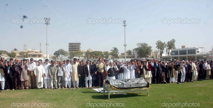 KARACHI, PAKISTAN, FEB 07: People offer funeral prayer of Provincial Sports Minister Dr. Muhammad Ali Shah at Asghar Ali Shah Stadium in Karachi on Thursday, February 07, 2013. Dr. Shah was a renowned orthopedic surgeon of the country and Provincial Sports Minister of Sindh, he was a cancer patient and died by heart attack during Chemotherapy treatment at an American hospital on Tuesday. (Adeel Raza/PPI Images).
