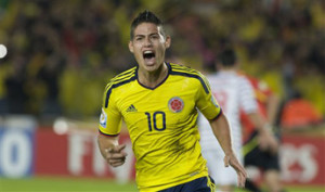 Colombia's James Rodriguez celebrates after taking a penalty kick to score during U-20 World Cup group A soccer match against France in Bogota, Colombia, Saturday, July 30, 2011. (AP Photo/William Fernando Martinez)